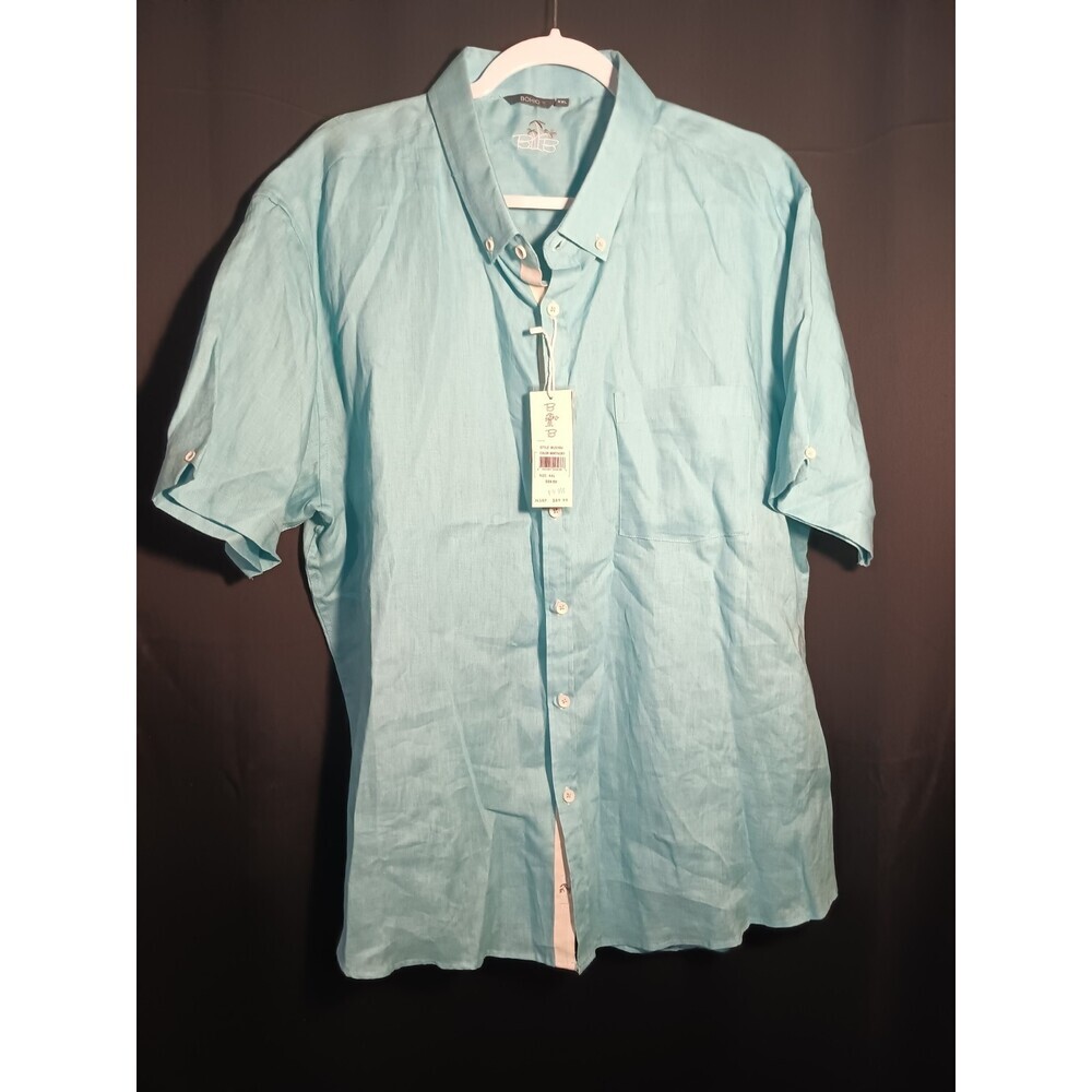 Bohio 100% Linen Short Sleeve Shirt Mens Sz XXL Aqua Blue Button Up NWT